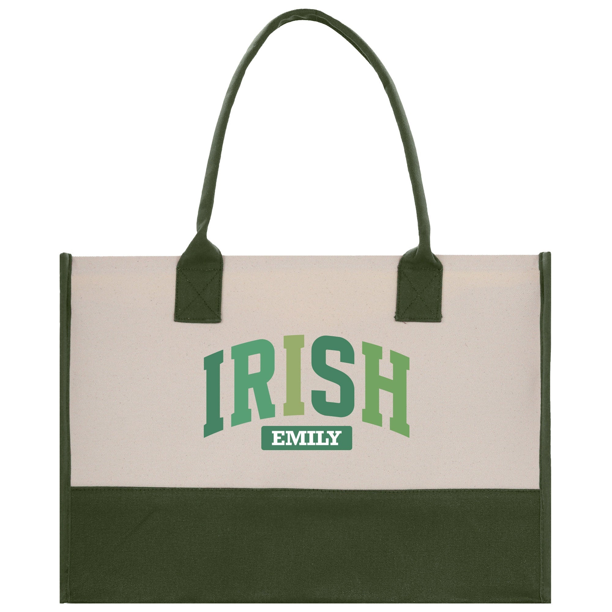 a green and white bag with the word irish on it