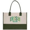 a green and white bag with the word irish on it