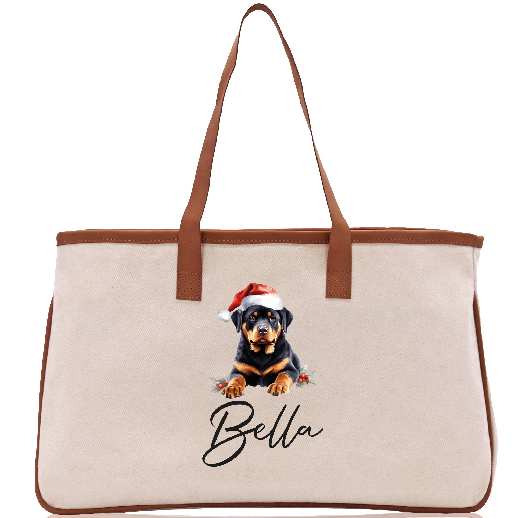 a white bag with a black and brown dog wearing a santa hat