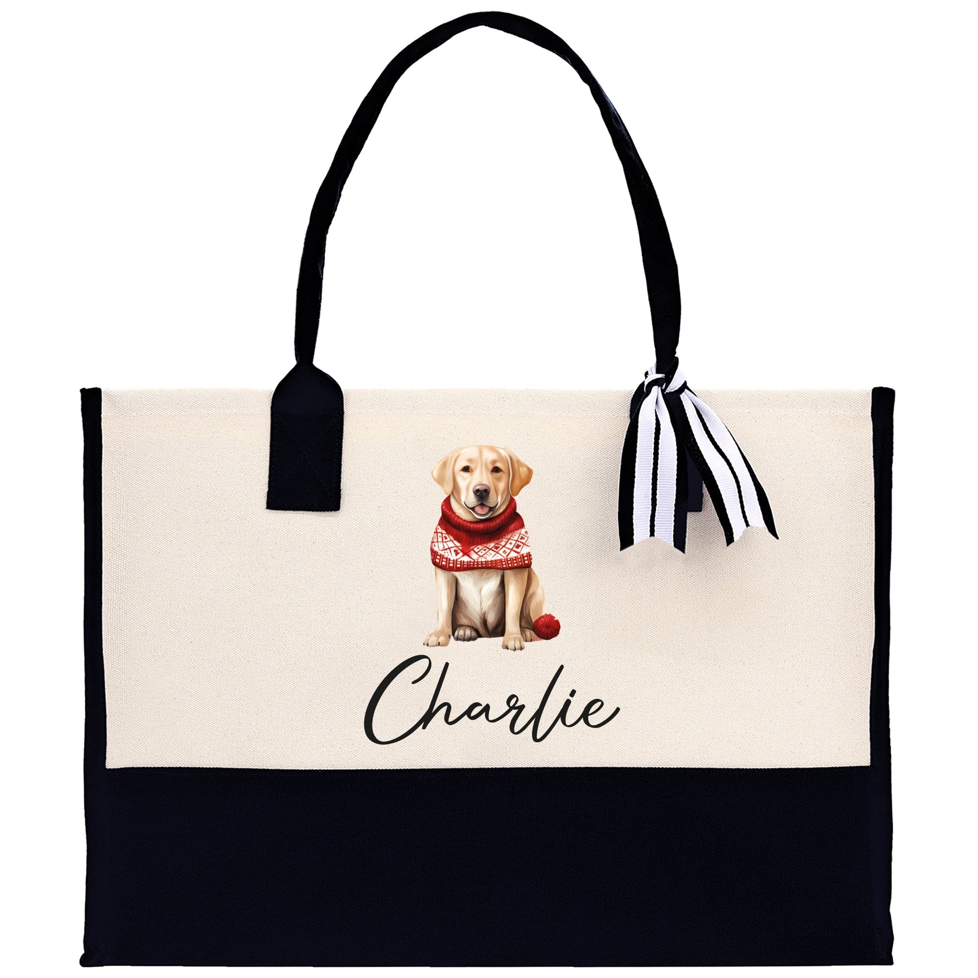 a black and white bag with a picture of a dog on it