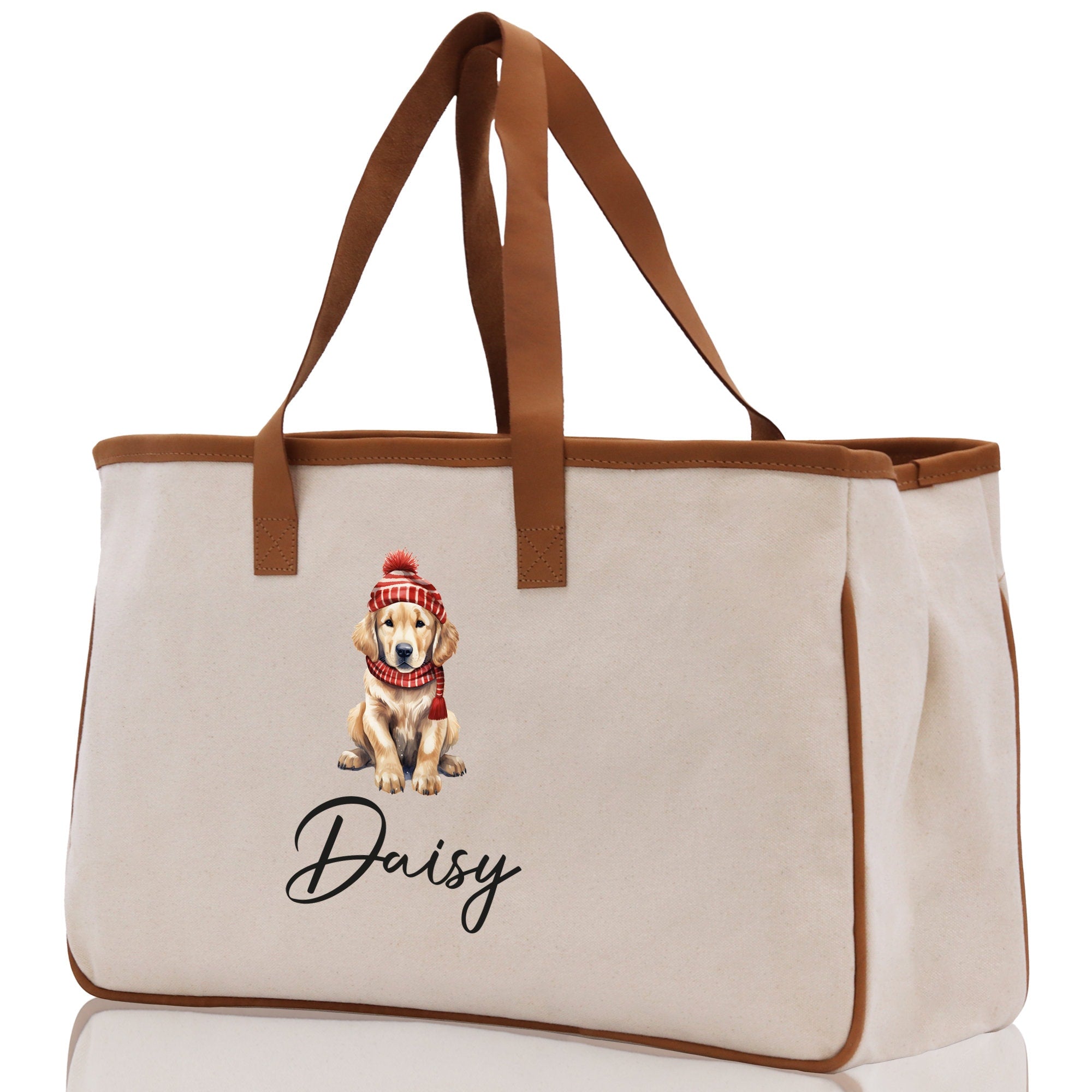 a white canvas bag with a dog on it