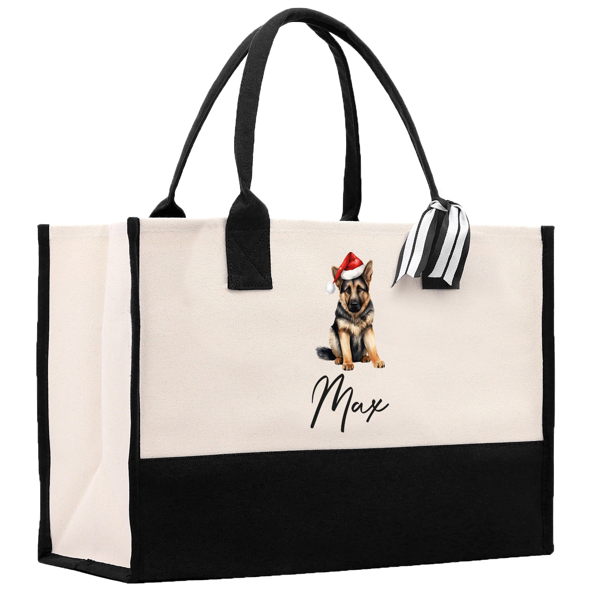 a black and white bag with a german shepard dog on it