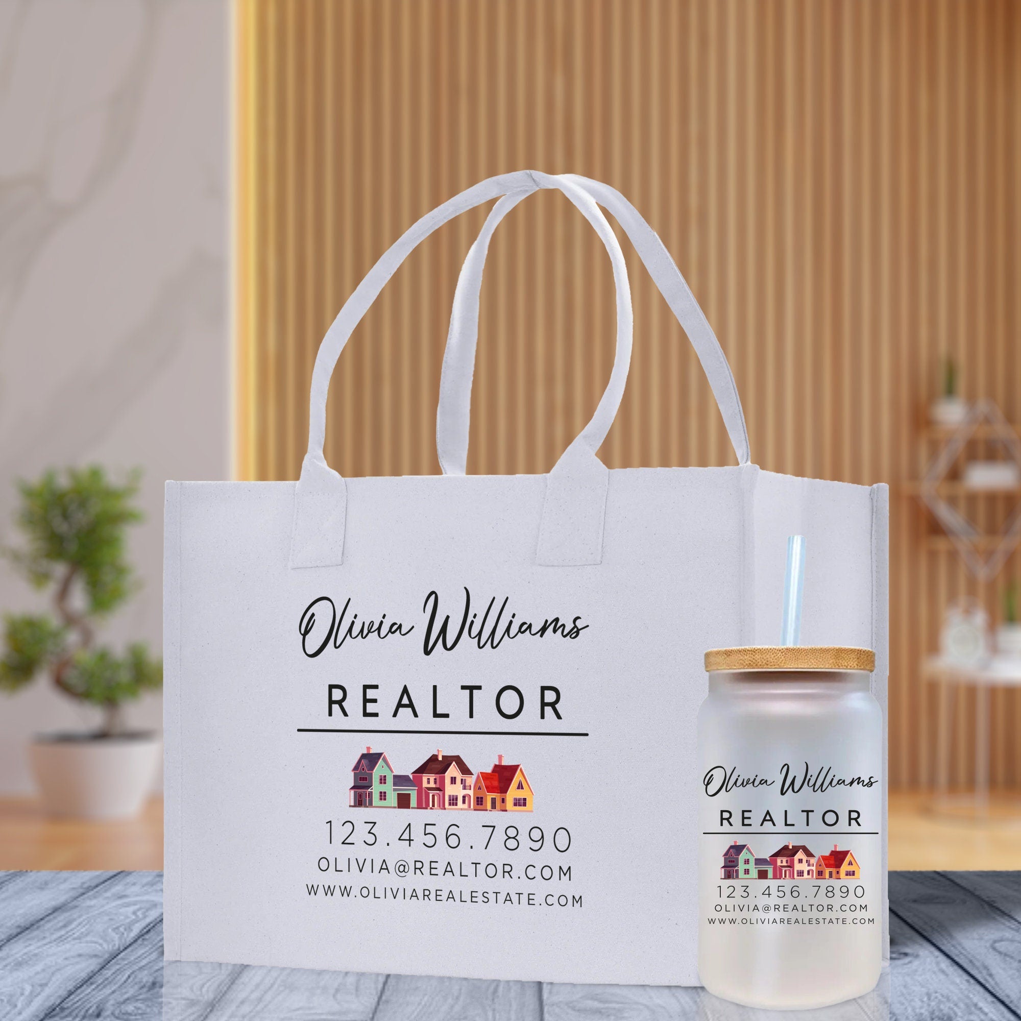 a white bag and a bottle of realtor on a table