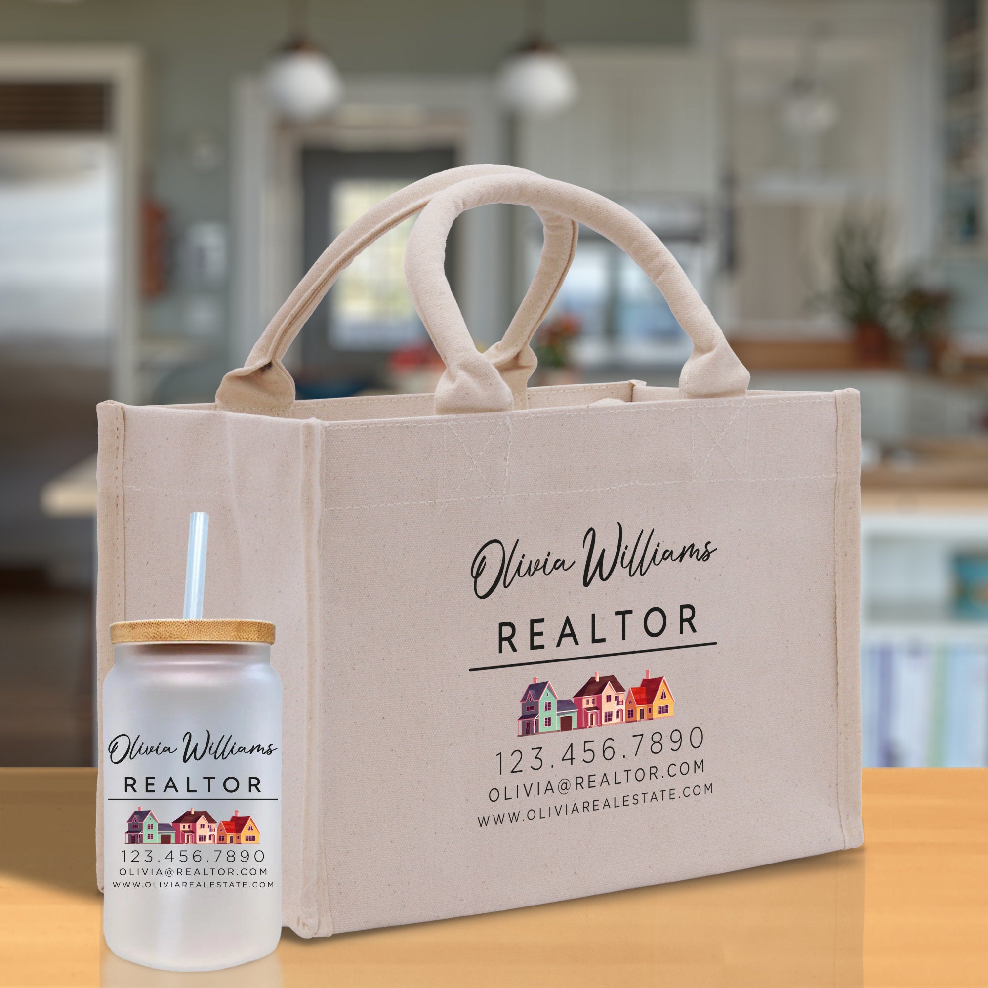 a bag and a bottle of realtor on a table