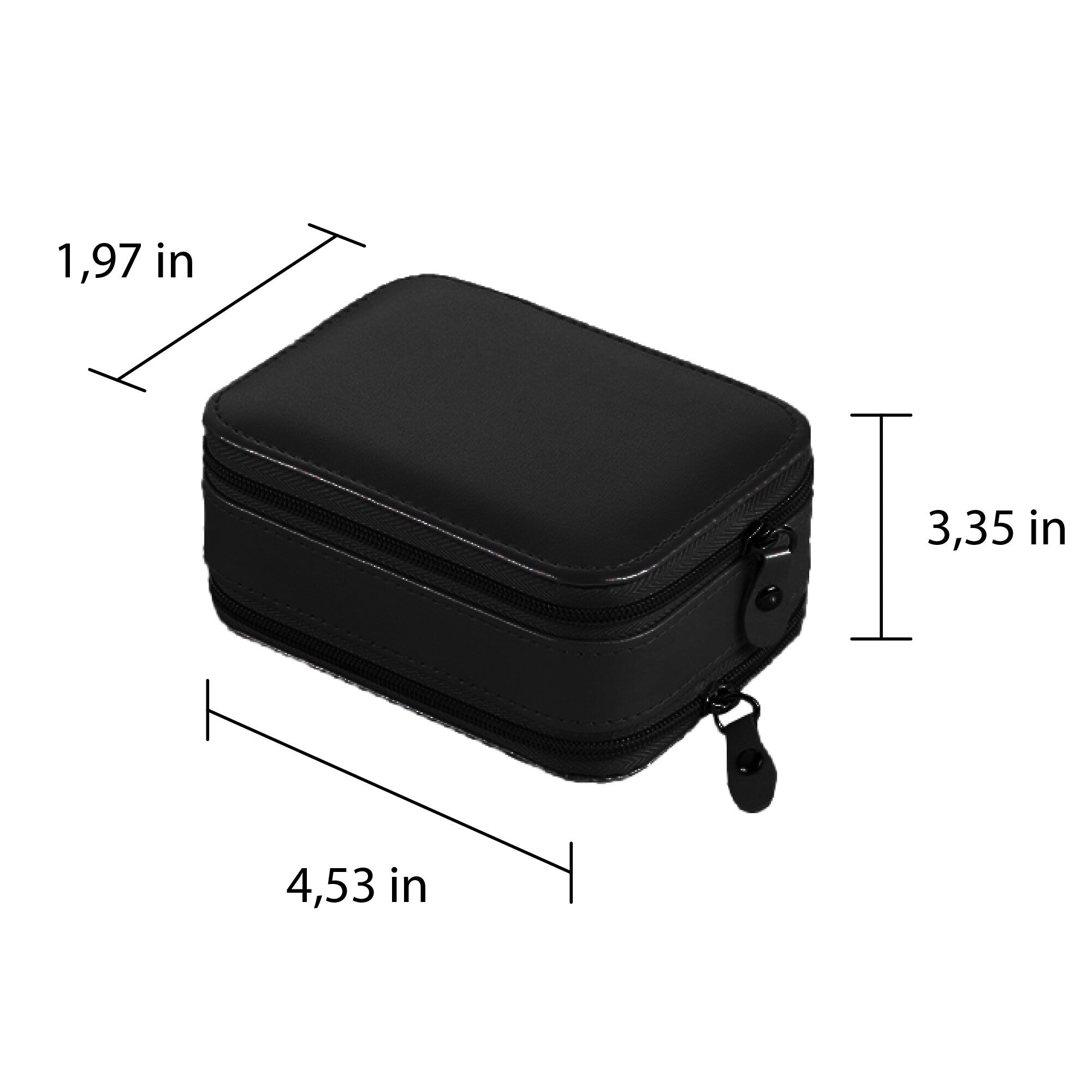 a black case is shown with measurements for it