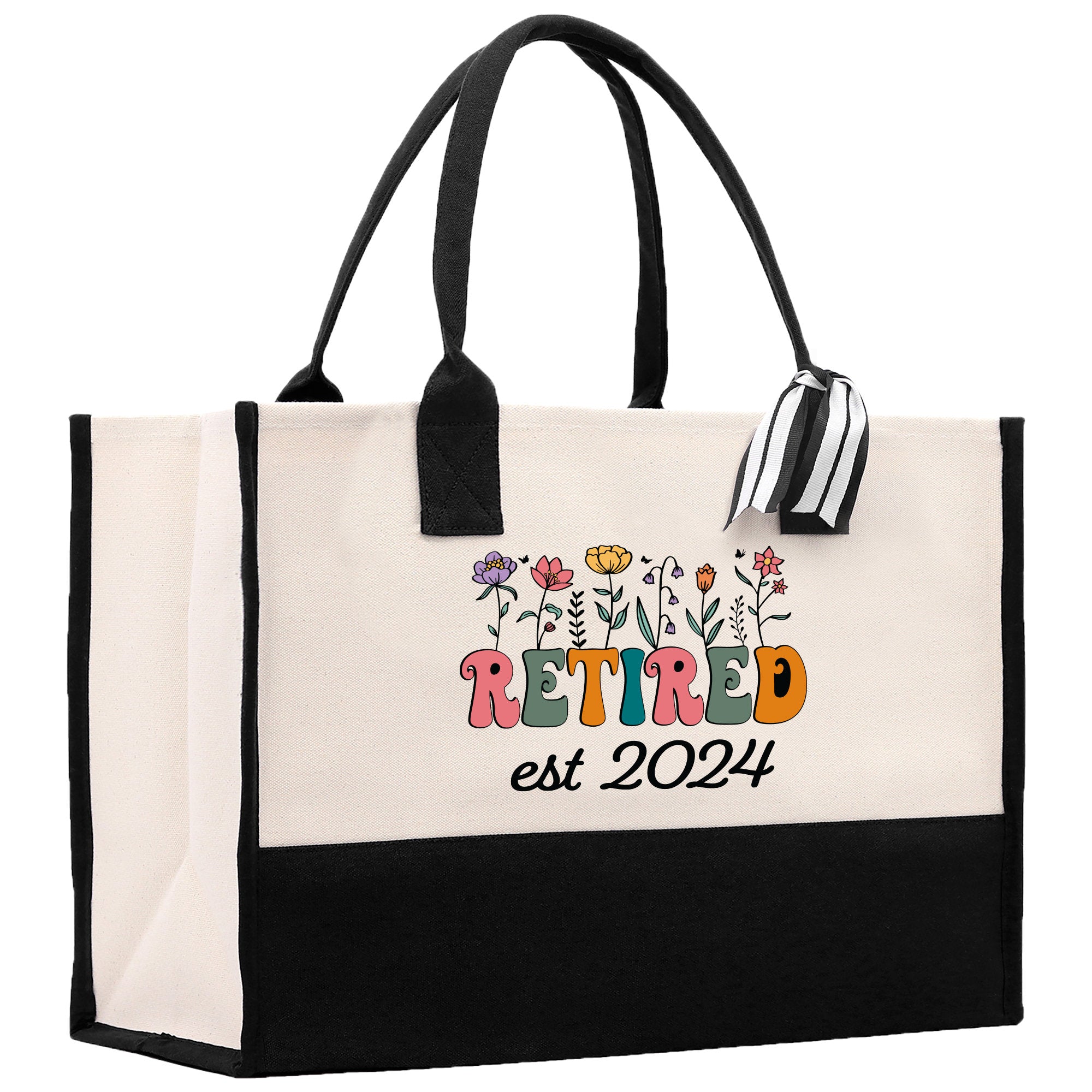 a black and white bag with the words retired est 2024 printed on it