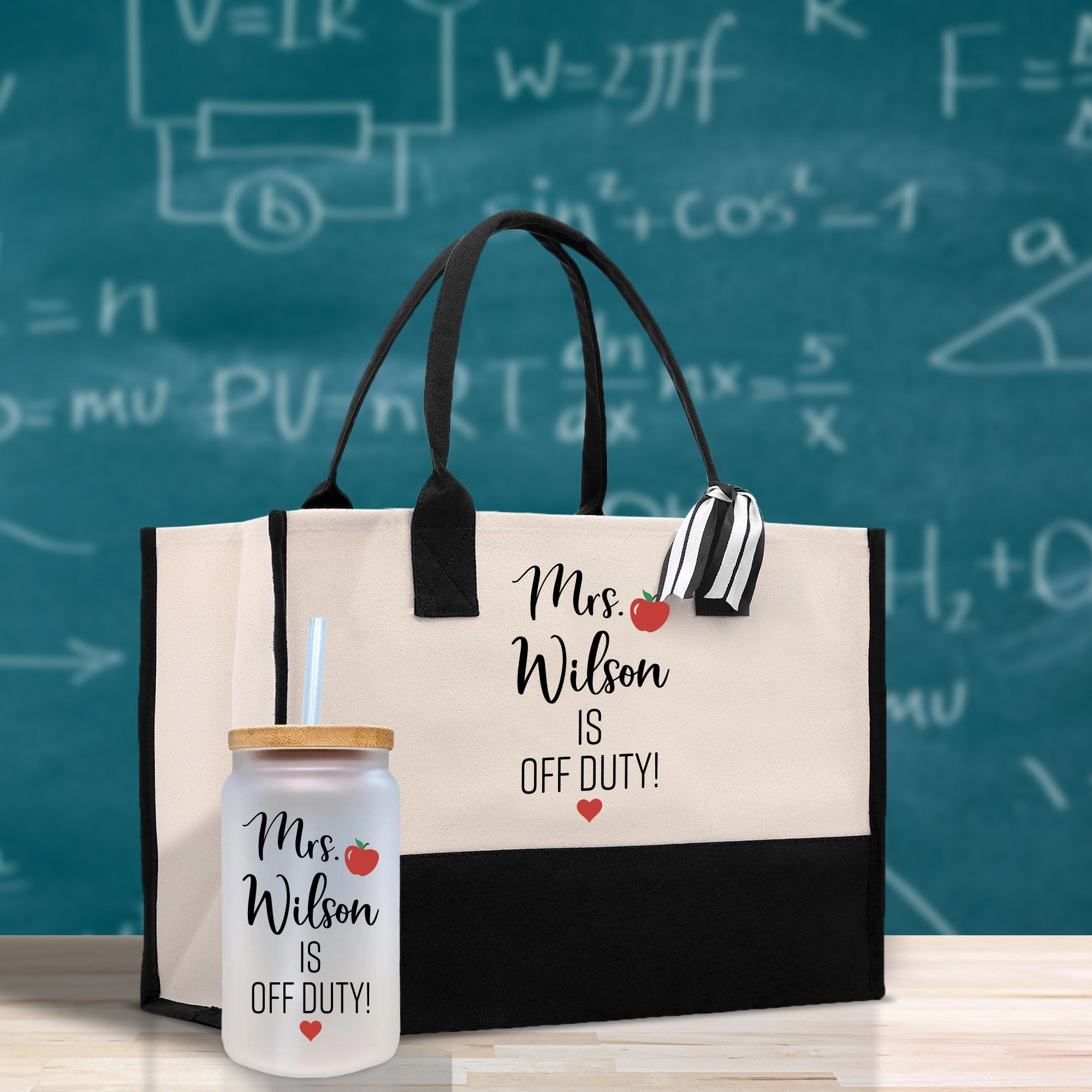 a tote bag with a bottle of milk next to it