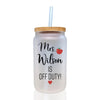 a white mason jar with a straw in it that says, mrs wilson is off