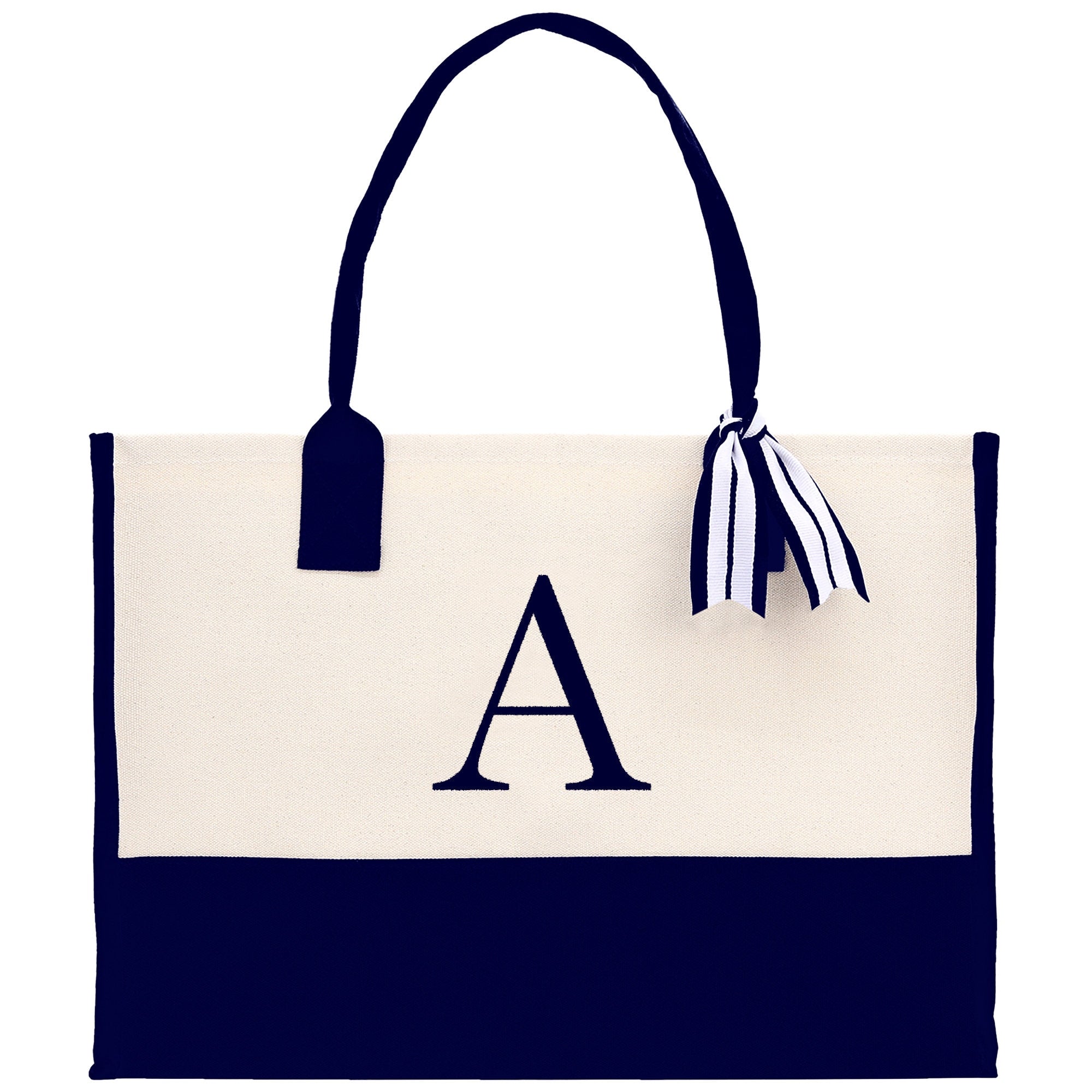 a tote bag with a monogrammed letter on it