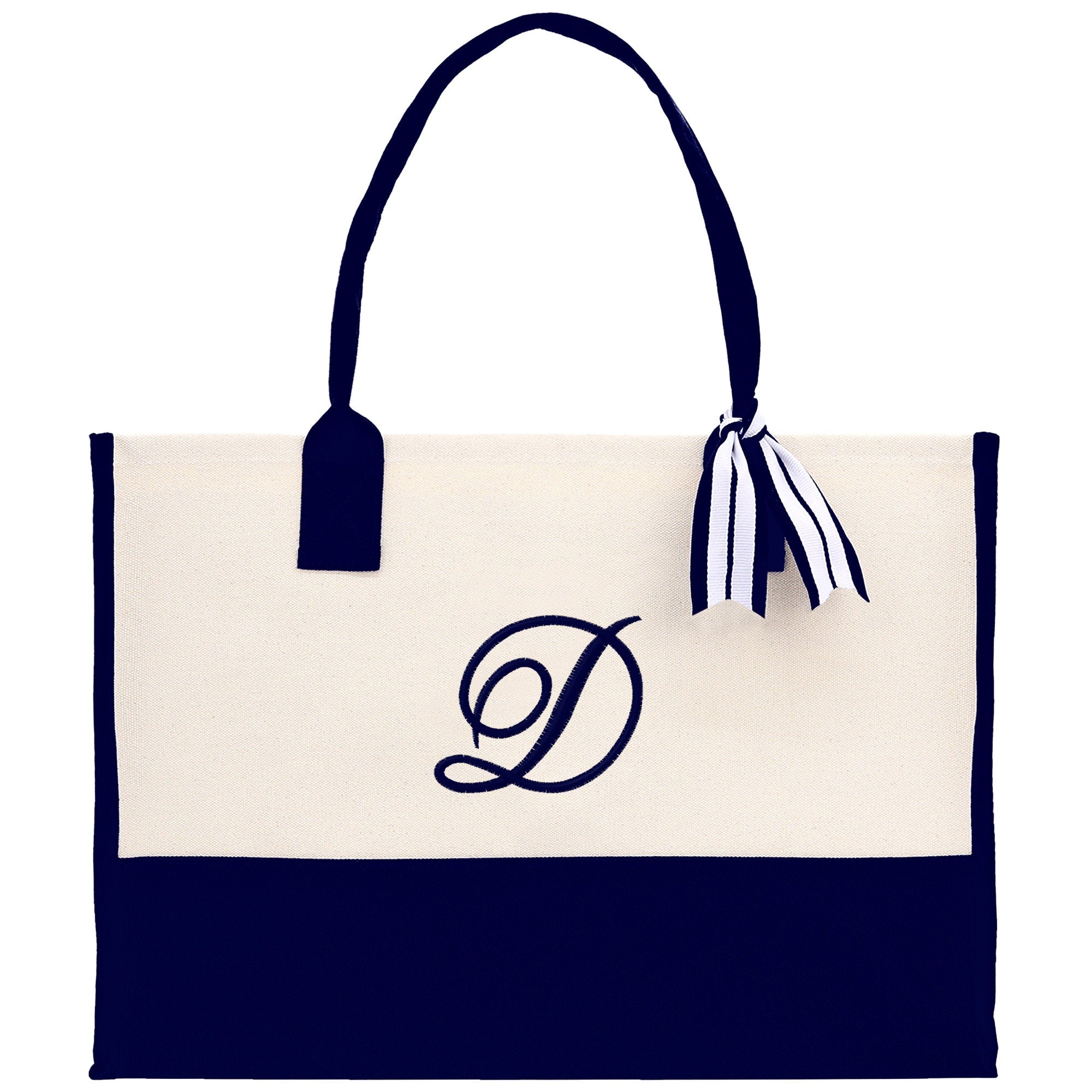 a white and black bag with a monogrammed letter d on it