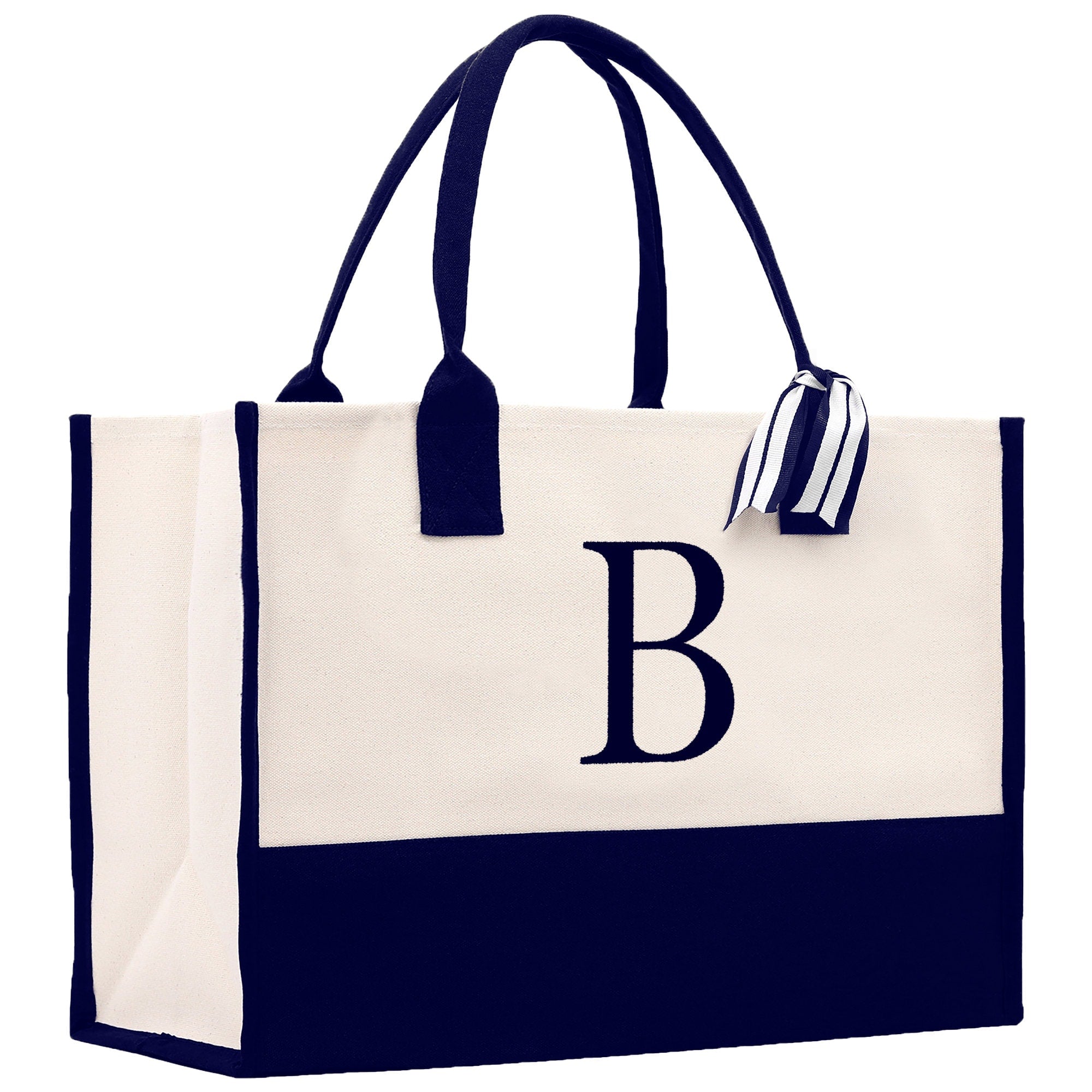 a black and white bag with a monogrammed b on it