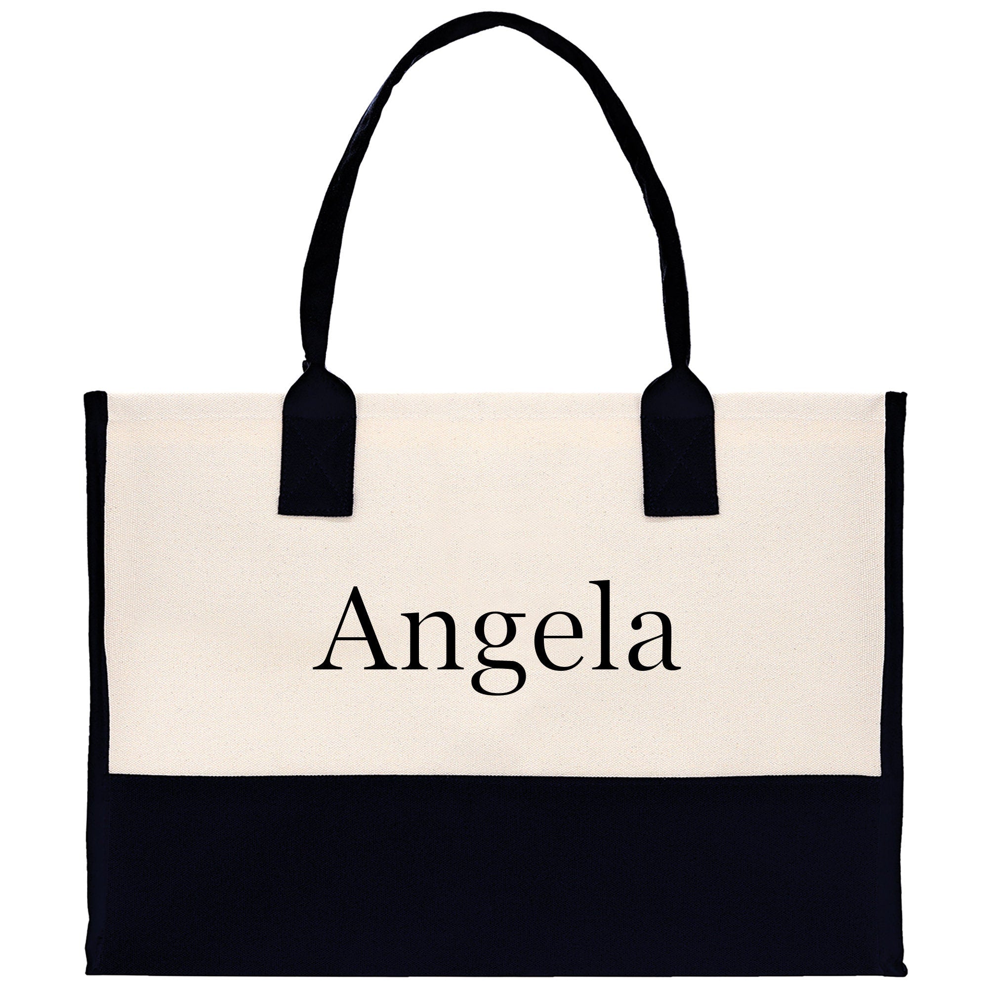 a black and white tote bag with the word angelo on it