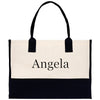 a black and white tote bag with the word angelo on it