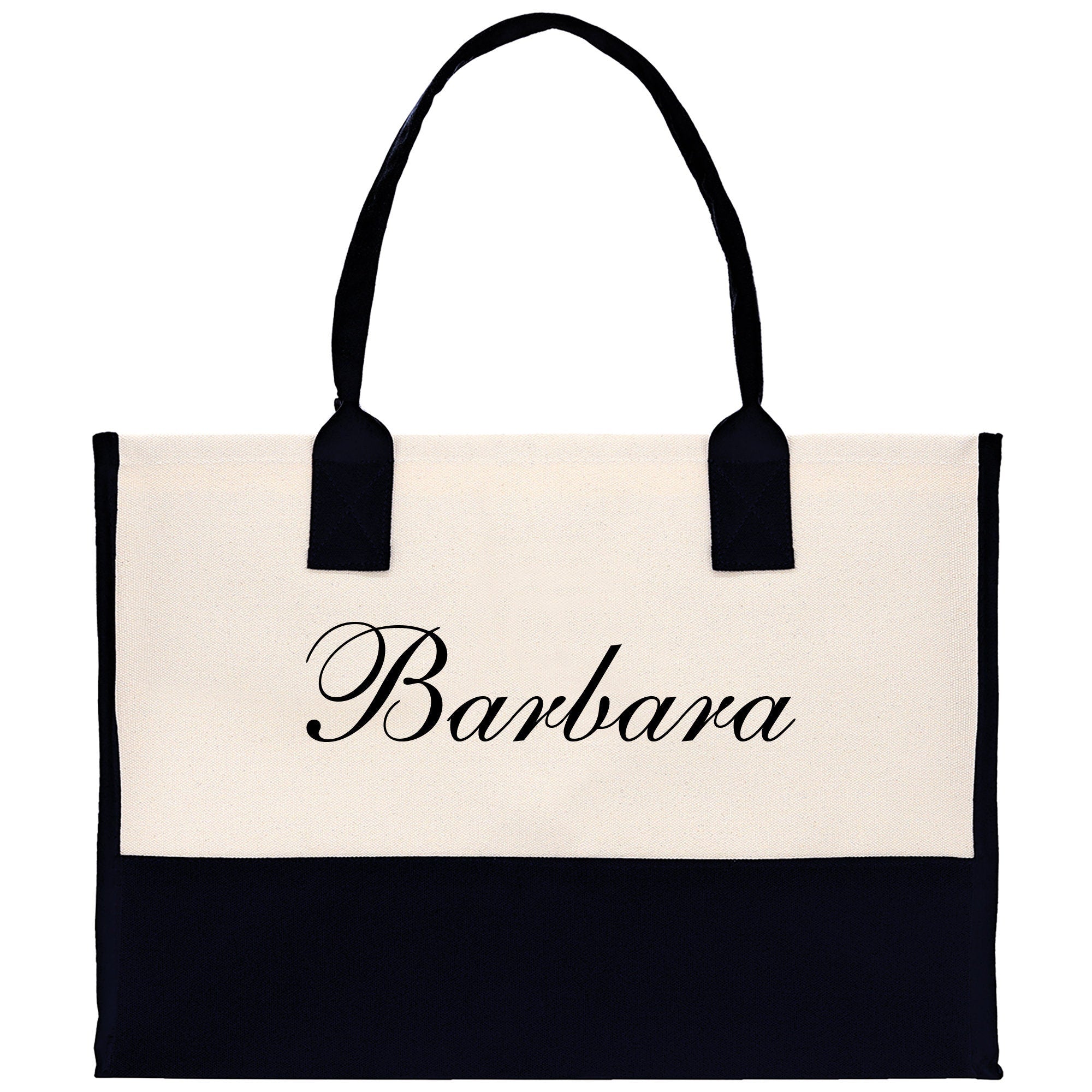 a black and white bag with a name on it