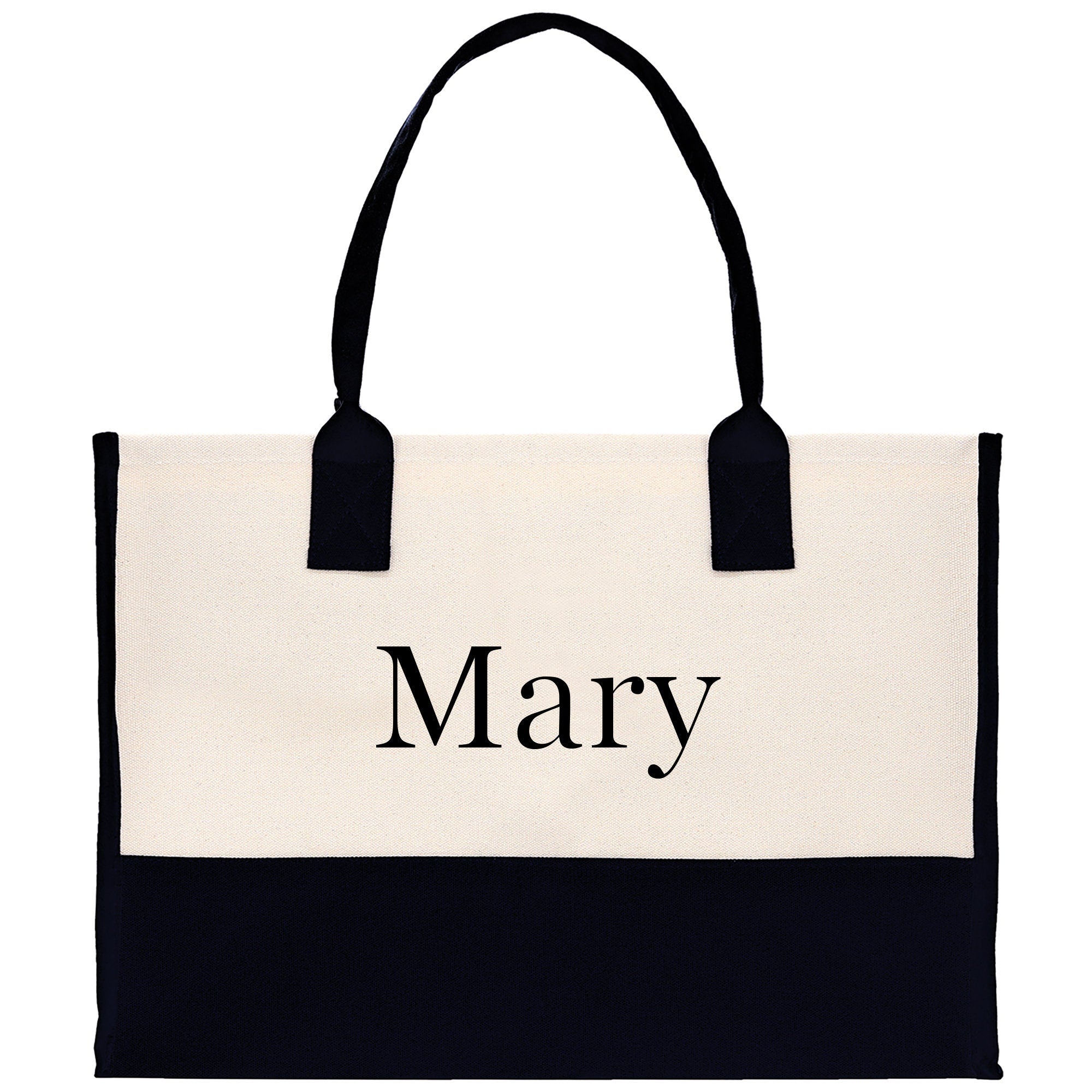 a black and white bag with the word mary printed on it