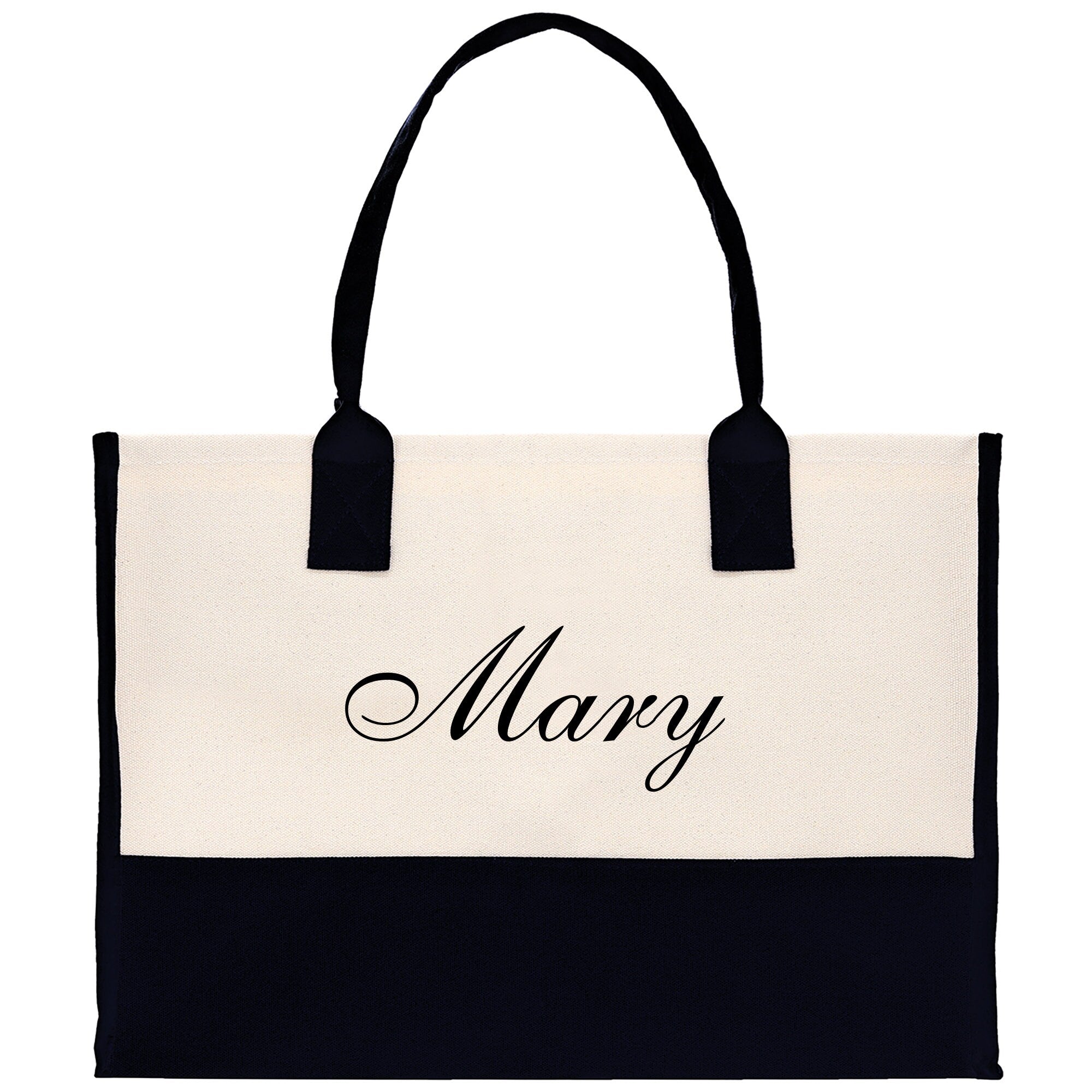 a black and white bag with a name on it