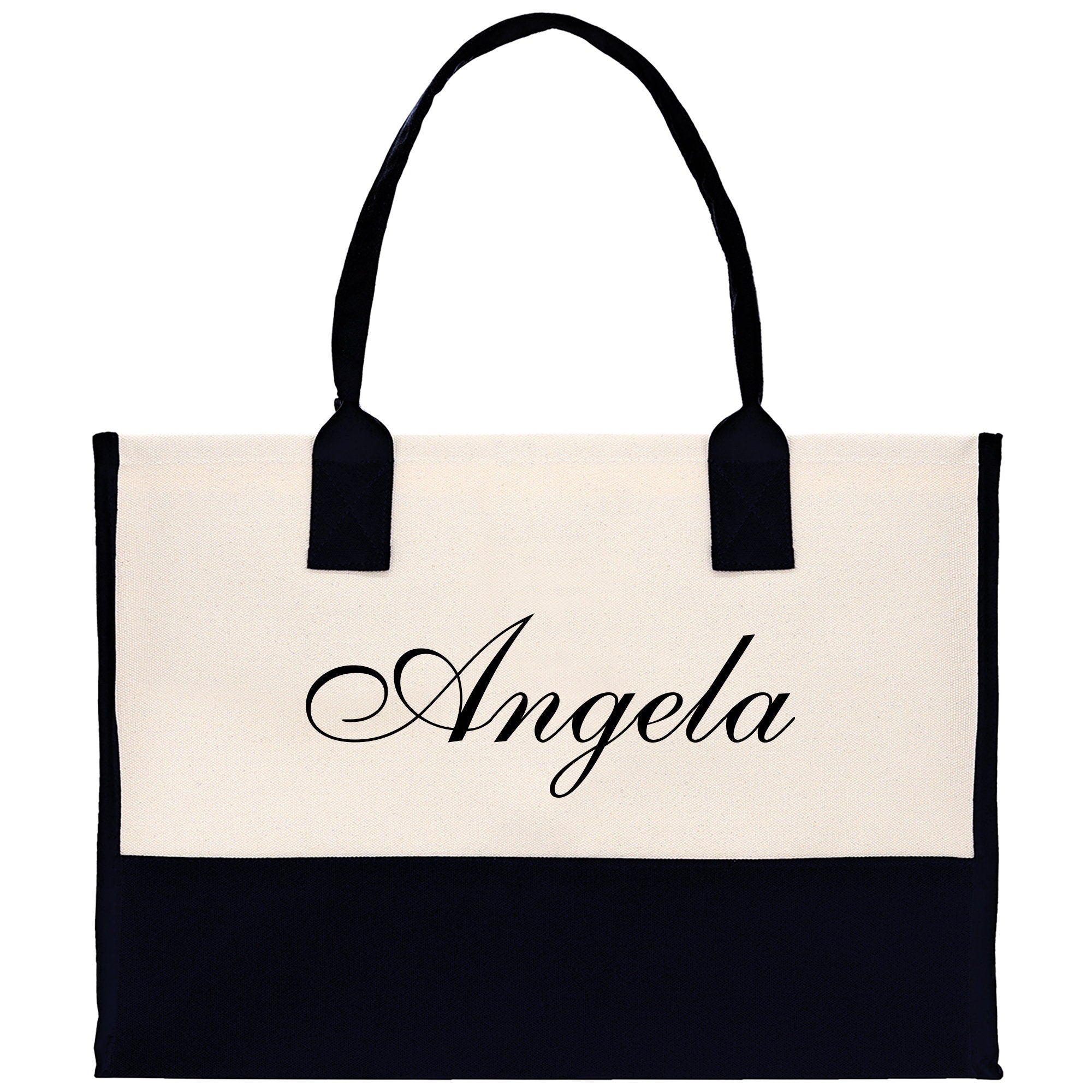 a black and white tote bag with the word angelo on it