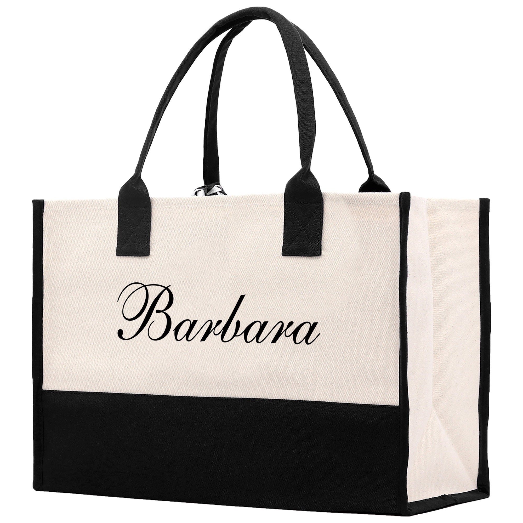 a black and white bag with a name on it