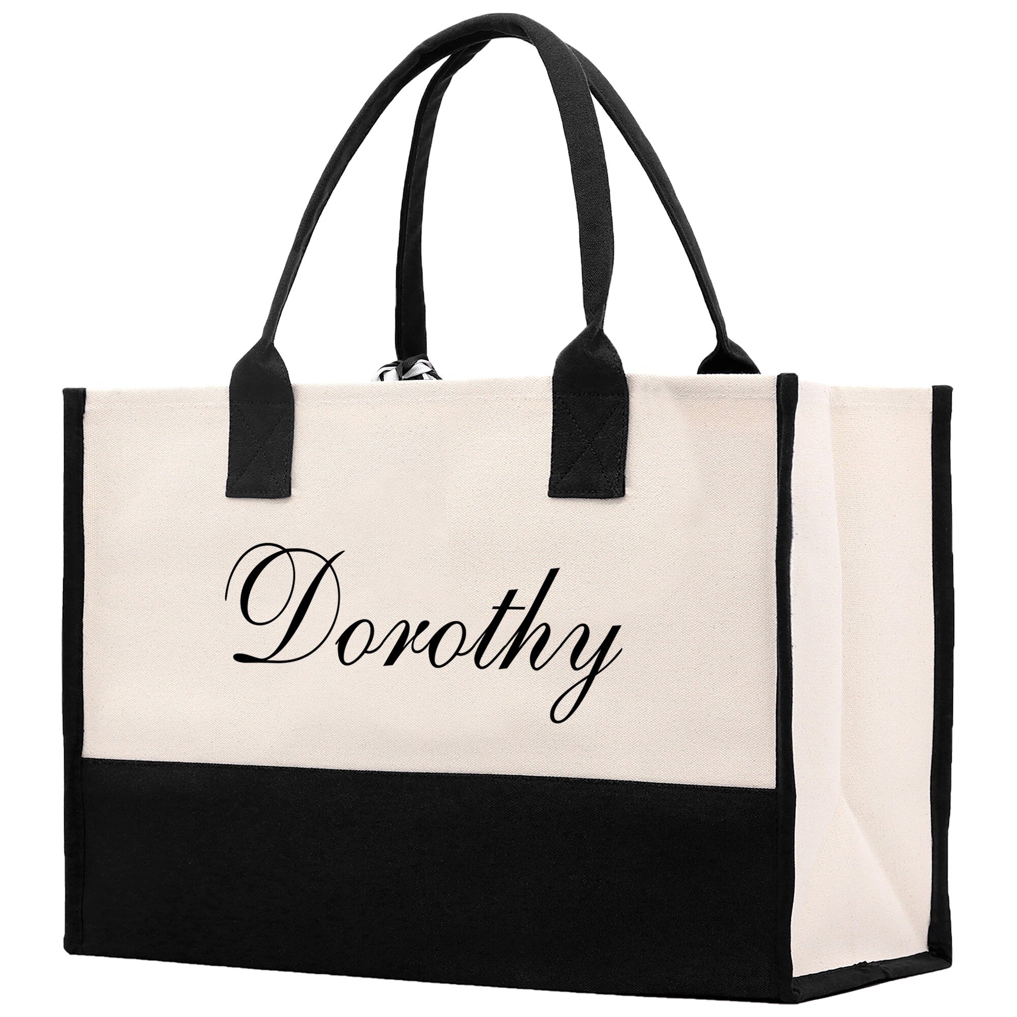 a black and white tote bag with the word dorothy printed on it