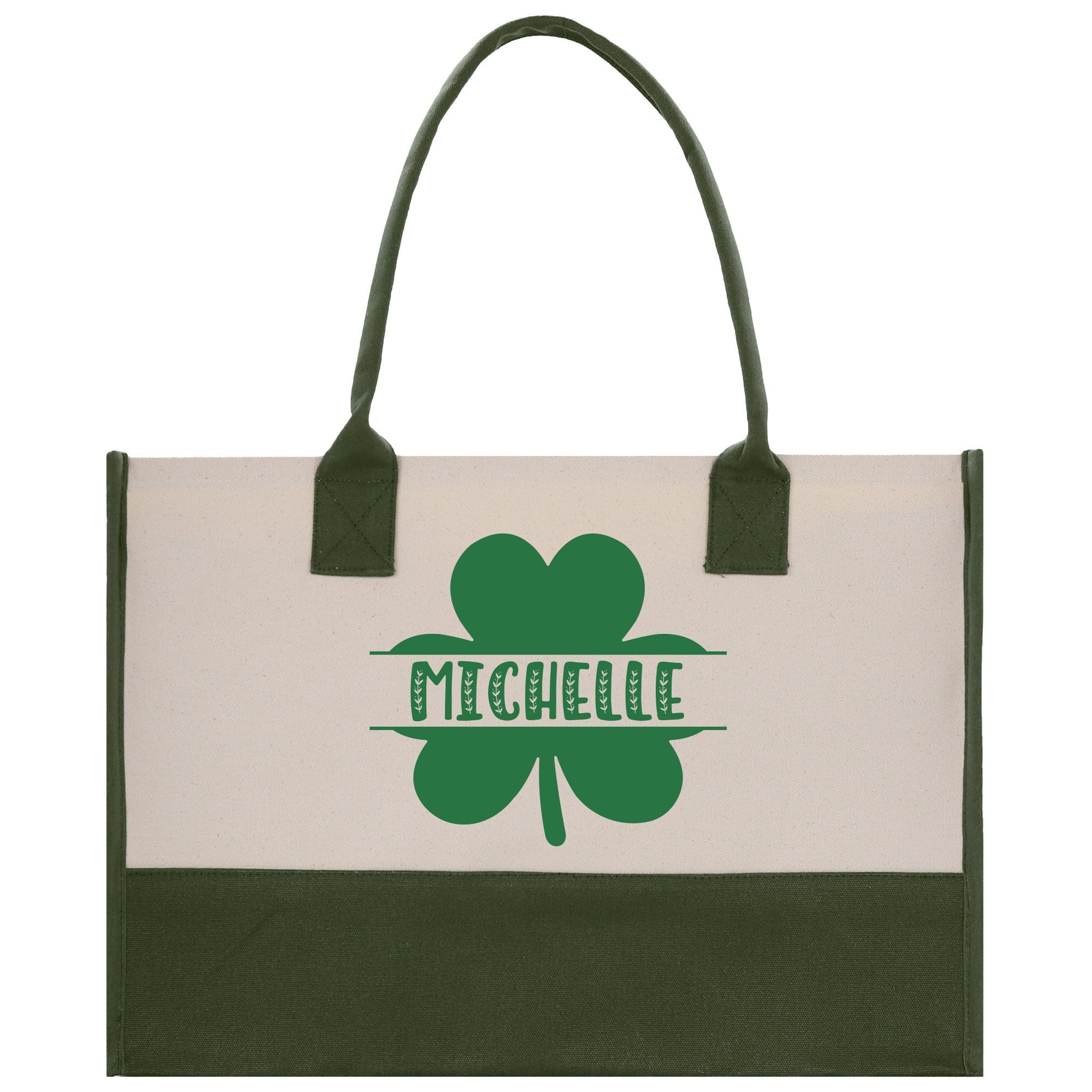 a green and white bag with a four leaf clover