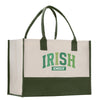 a green and white bag with the word irish family printed on it