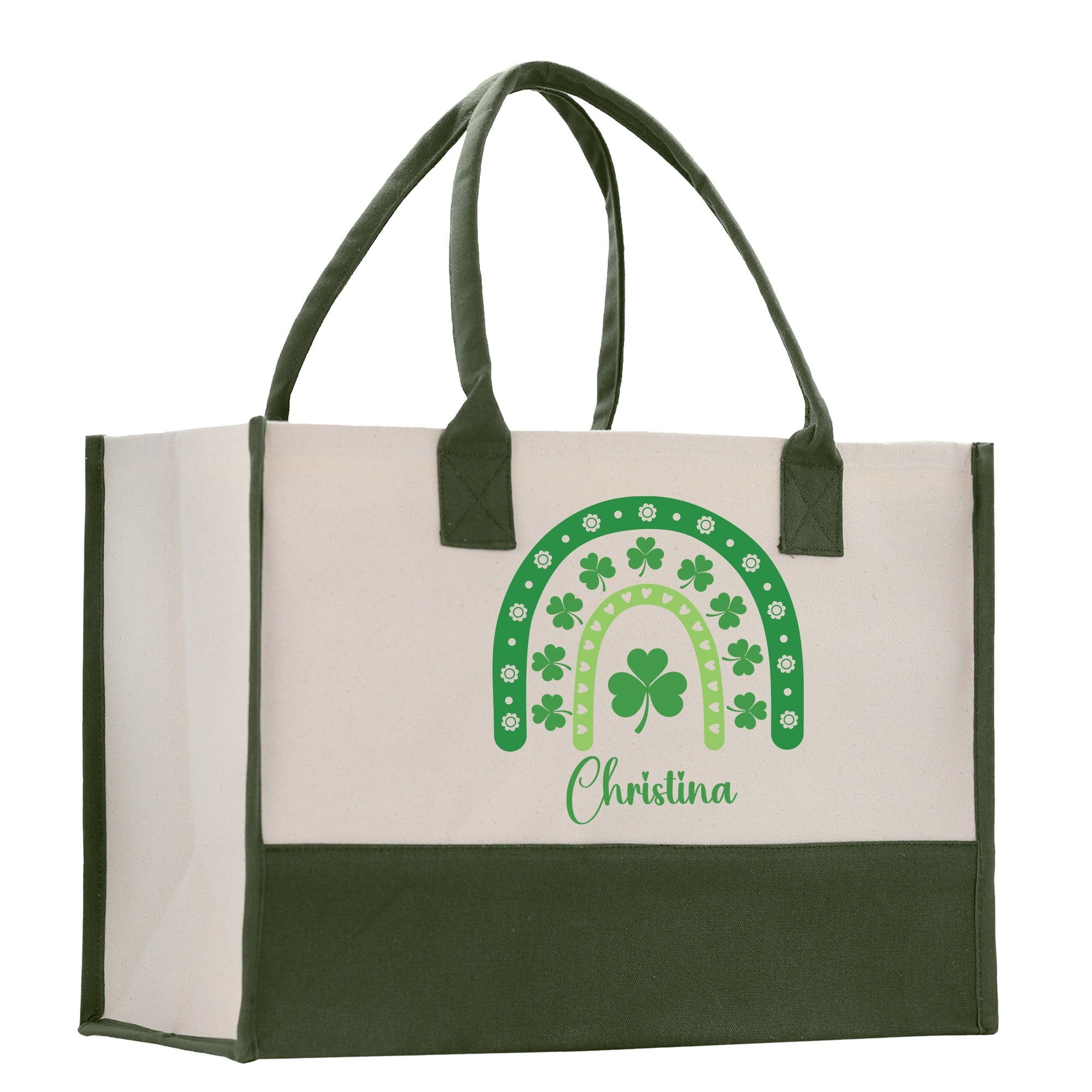 a green and white shopping bag with a shamrock arch