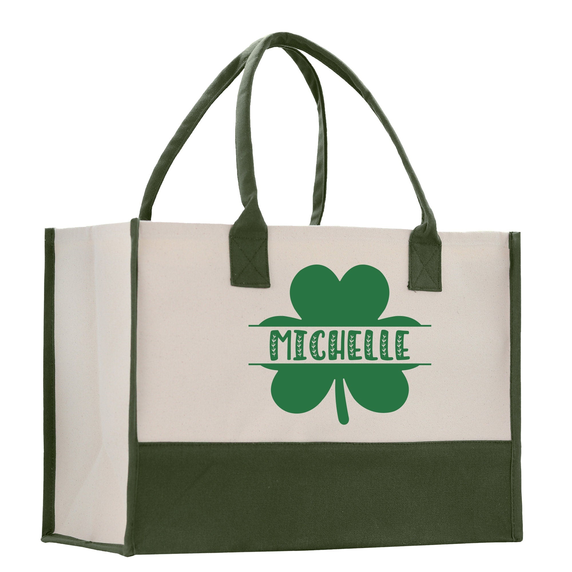 a green and white bag with a four leaf clover