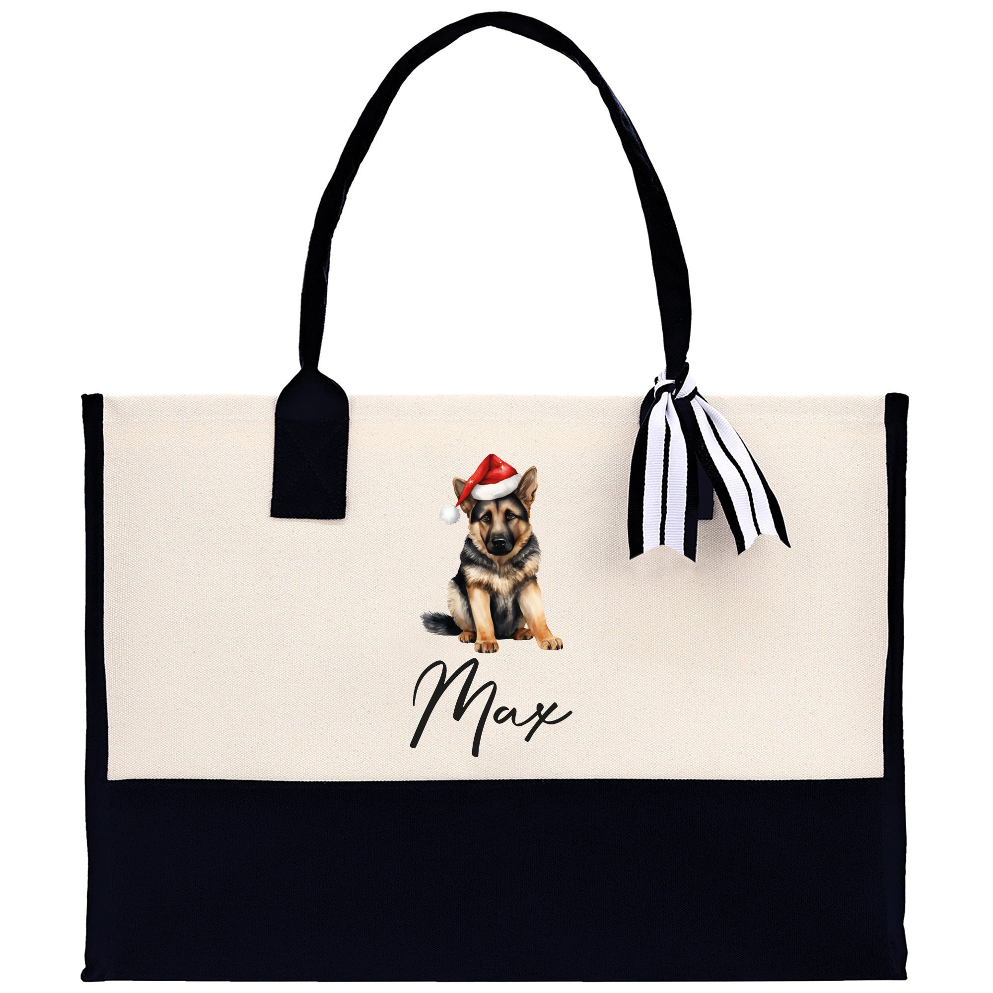 a black and white tote bag with a dog on it