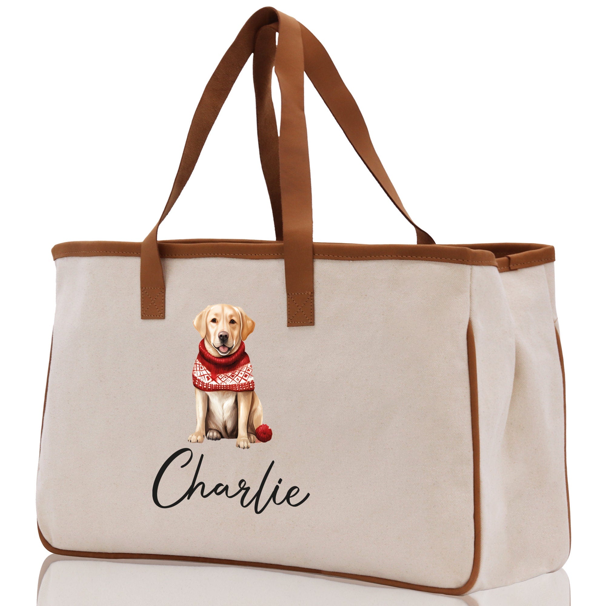 a canvas bag with a dog wearing a scarf