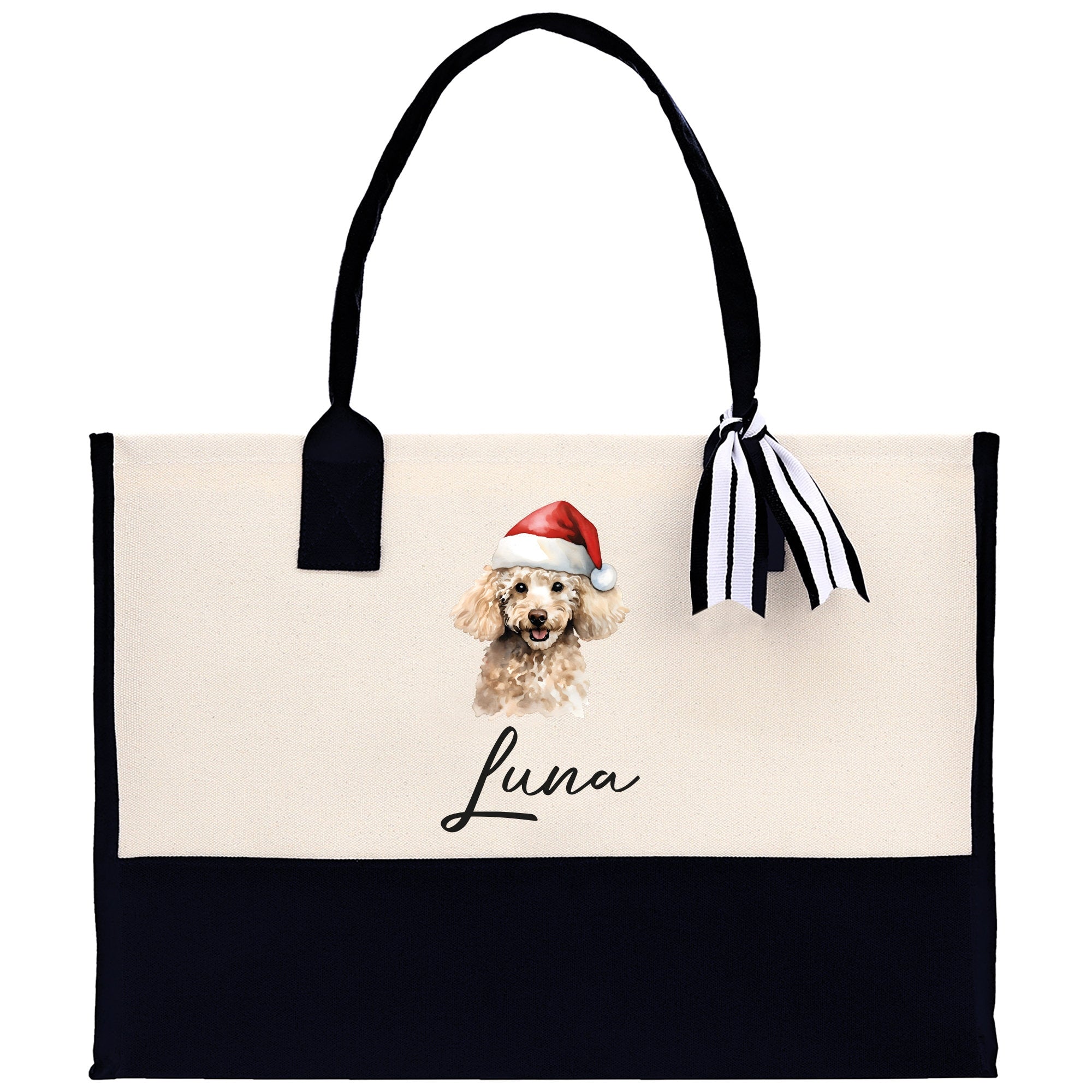 a black and white bag with a poodle wearing a santa hat