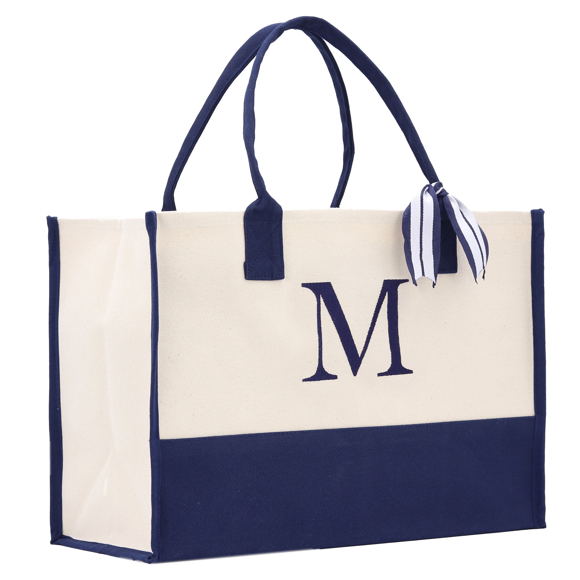 Monogram Tote Bag with 100% Cotton Canvas and a Chic Personalized Monogram Navy Blue Vanessa Rosella Block M 