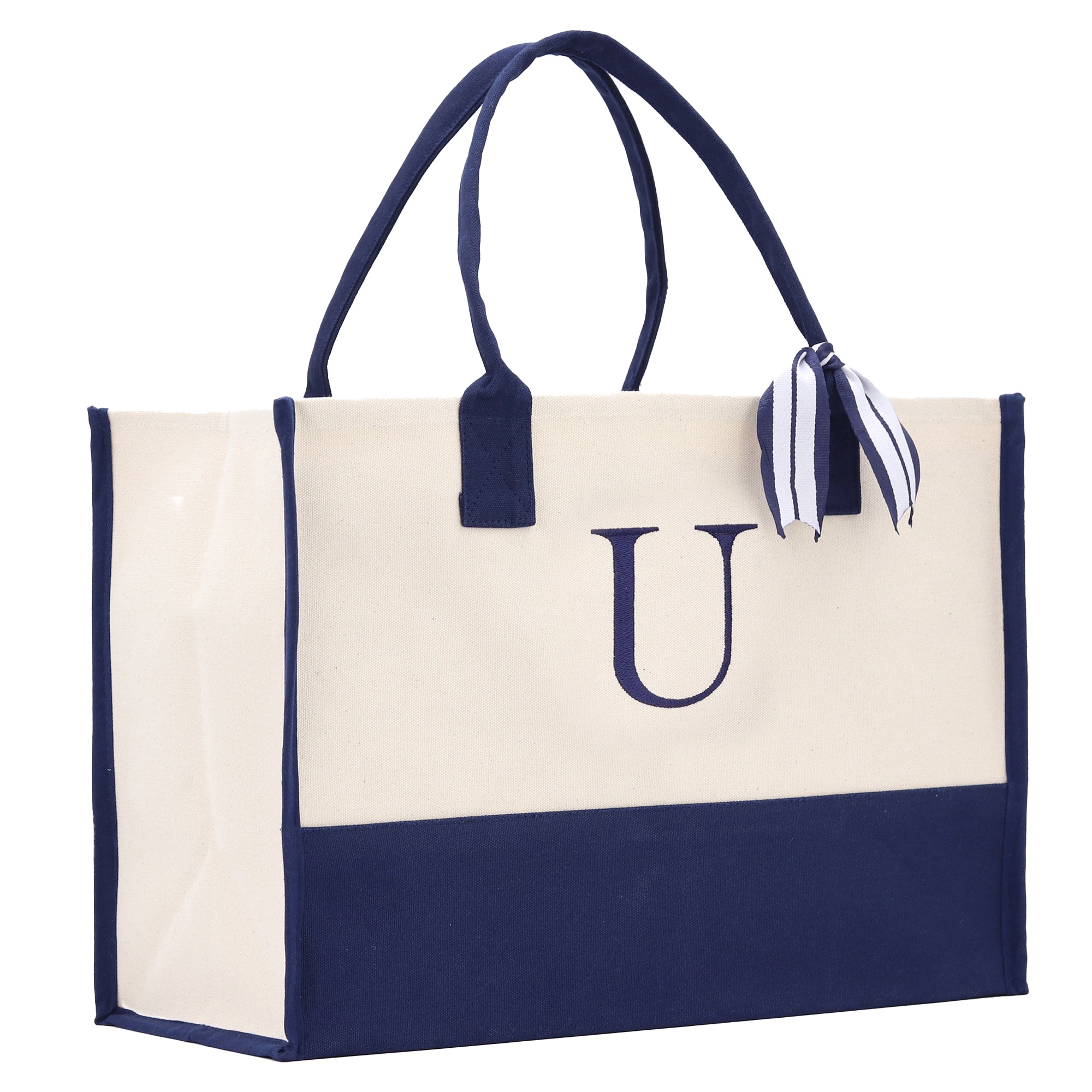 Monogram Tote Bag with 100% Cotton Canvas and a Chic Personalized Monogram Navy Blue Vanessa Rosella Block U 