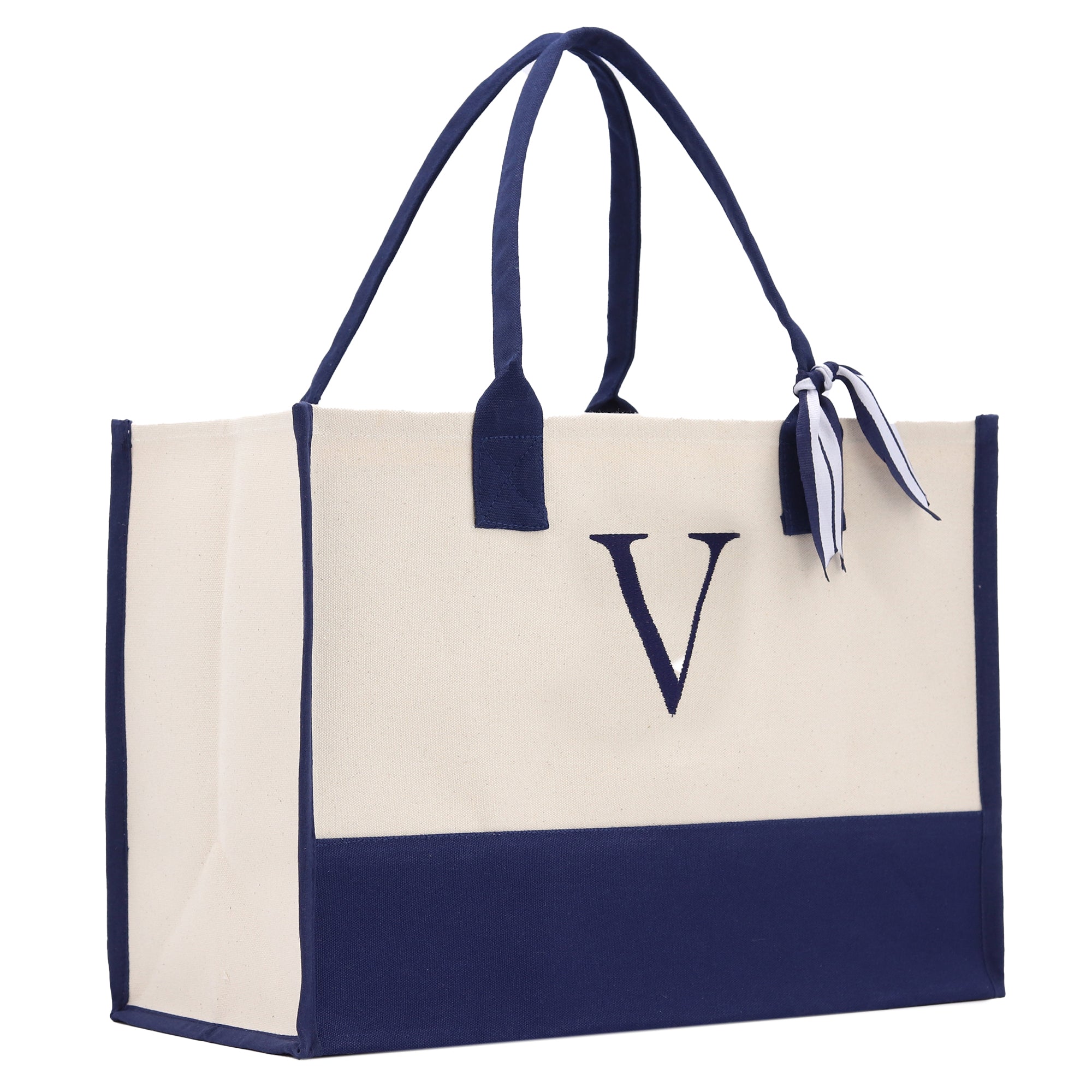 Monogram Tote Bag with 100% Cotton Canvas and a Chic Personalized Monogram Navy Blue Vanessa Rosella Block V 
