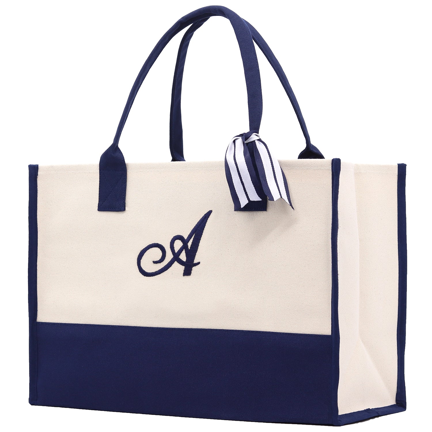 Monogram Tote Bag with 100% Cotton Canvas and a Chic Personalized Monogram Navy Blue Vanessa Rosella Script A 