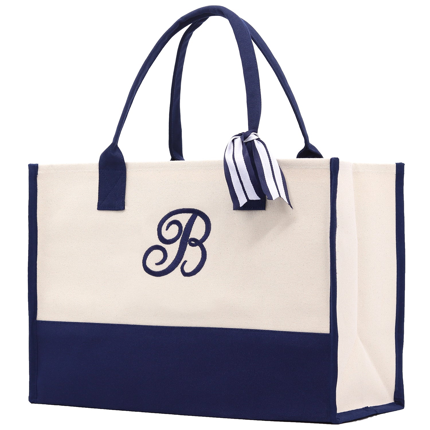 Monogram Tote Bag with 100% Cotton Canvas and a Chic Personalized Monogram Navy Blue Vanessa Rosella Script B 