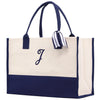 Monogram Tote Bag with 100% Cotton Canvas and a Chic Personalized Monogram Navy Blue Vanessa Rosella Script J 