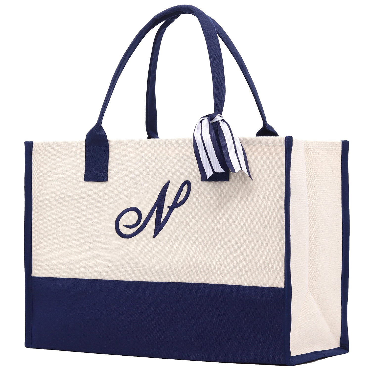 Monogram Tote Bag with 100% Cotton Canvas and a Chic Personalized Monogram Navy Blue Vanessa Rosella Script N 